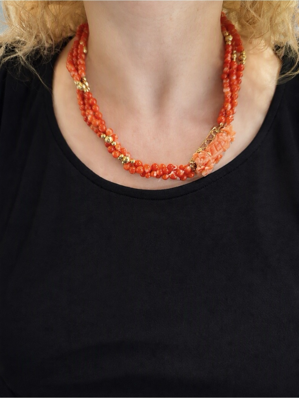 Vintage 18inch, 14K Gold 3-Strand
Mediterranean Red Coral Necklace with Clasp